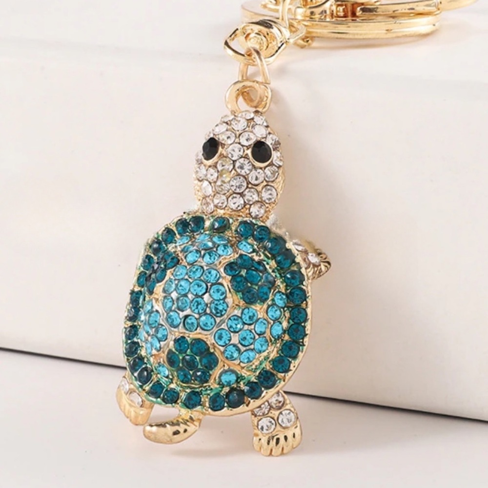 Blue and Silver Crystal Turtle Keychain Charm - Picture 1 of 16